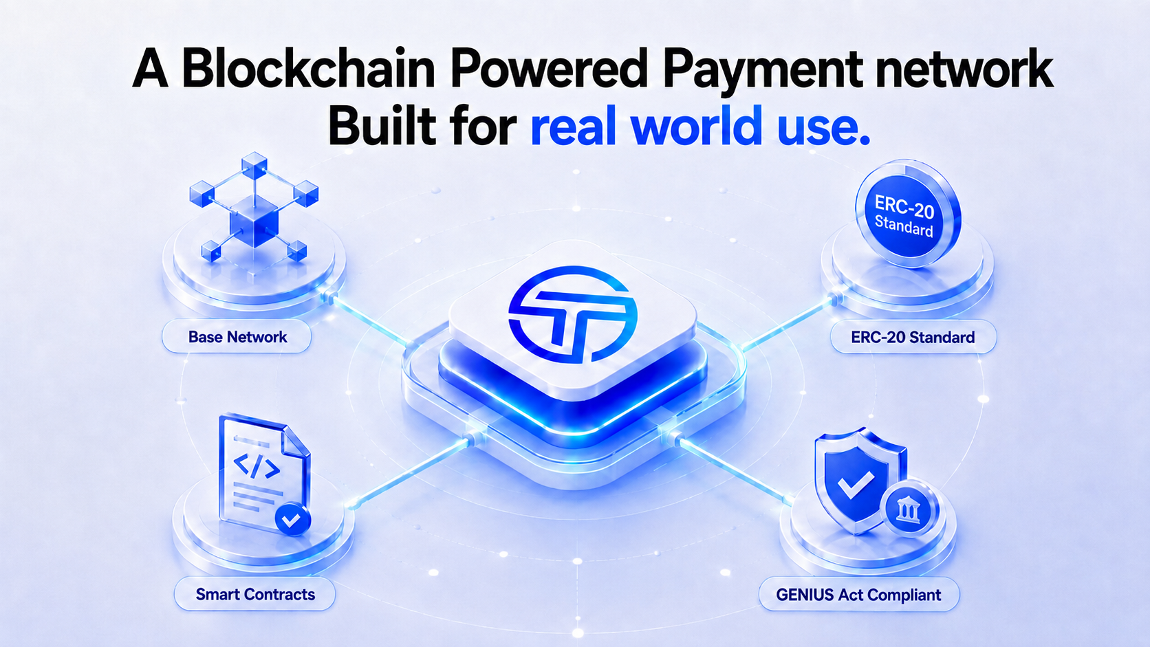 A blockchain-powered network built for real world use — Base network, ERC-20 standard, smart contracts and GENIUS Act compliance